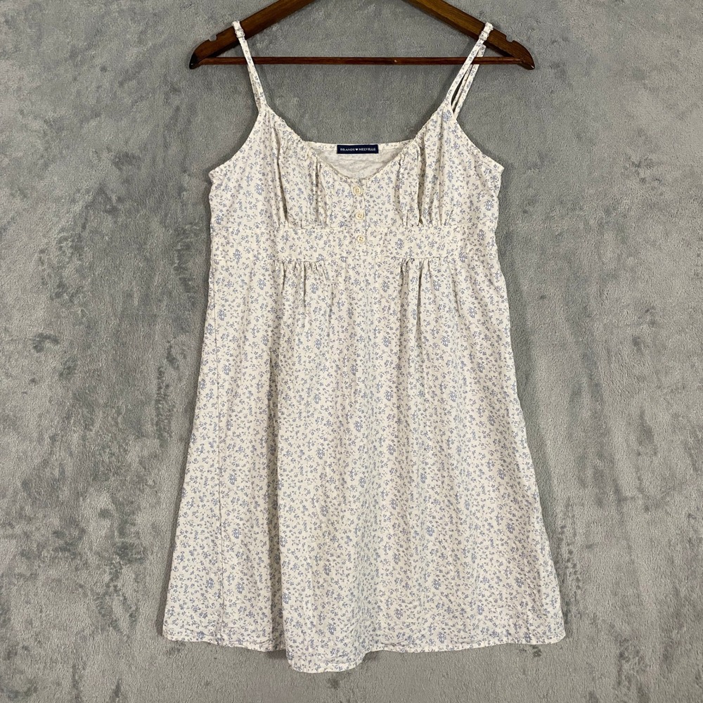 Brandy Melville Dress Women OS White Blue Floral Robbie Babydoll Tie Back Cotton
